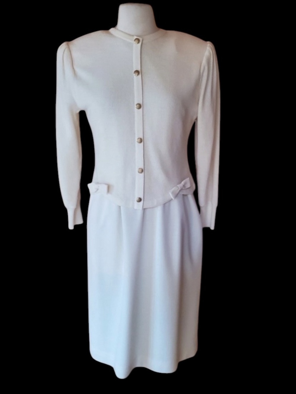 1980s Ciao Petites 100% Wool Knit Ivory Faux 2-Piece Cardigan Dress